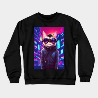 Techno Cat In Japan Neon City Crewneck Sweatshirt